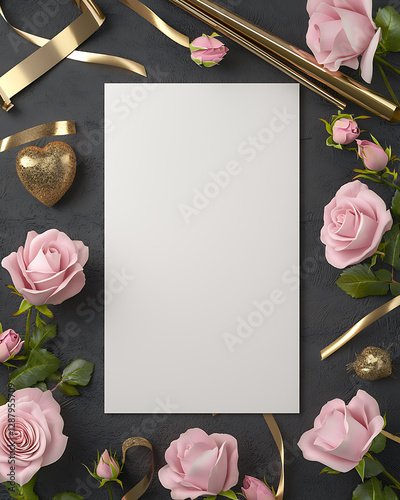 Elegant blank card surrounded by pink roses gold ribbons and hearts on a dark textured background.