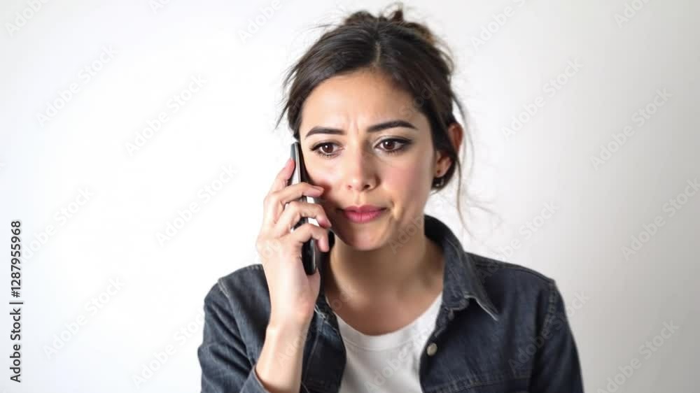 Disturbing call. Mobile shock. Communication problem. Scared concerned worried woman discussing issue speaking on phone isolated on white empty space background Disturbing call. Mobile shock. Communication problem. Scared concerned worried woman discussing issue speaking on phone isolated on white empty space background