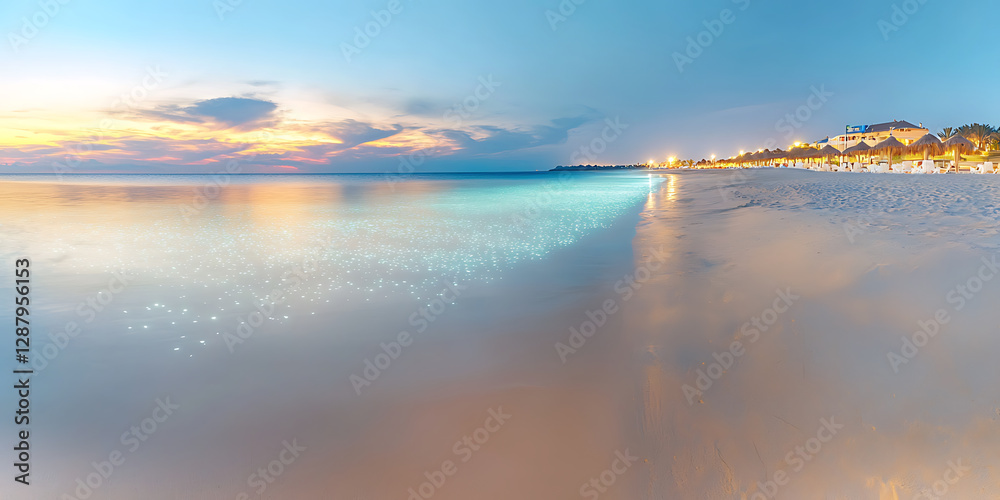 Fototapeta premium Tranquil beach at twilight calm water reflecting the pastel sky soft lights illuminate the shoreline.