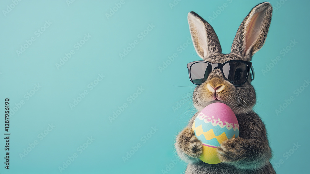 Fototapeta premium cool Easter bunny wearing sunglasses holds colorful egg