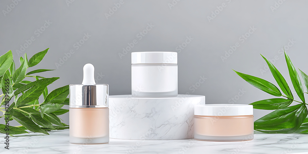 Three cosmetic containers are displayed on marble with green leafy plants against a grey background. Three cosmetic containers are displayed on marble with green leafy plants against a grey background.