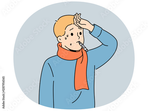Sick flu boy with thermometer in mouth touching forehead with fever and in need antibiotics to fight infection. Sick child suffers from disease caused by hypothermia and problems with immune system