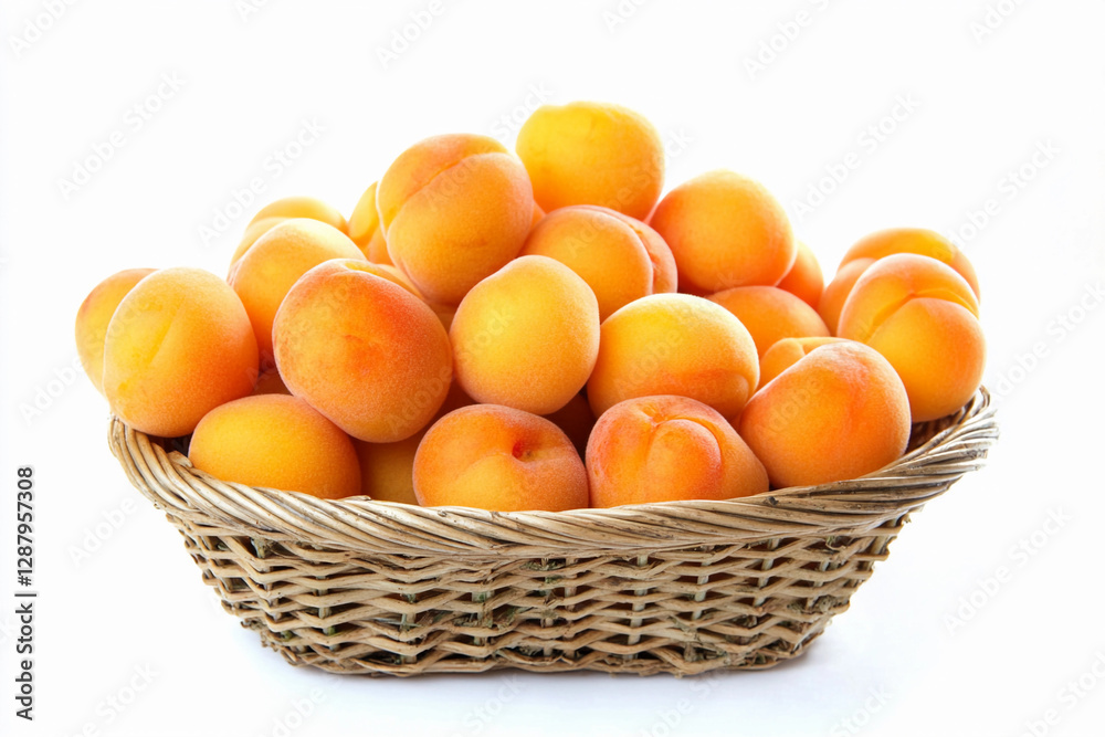 Fresh apricots piled high in a wicker basket on white background. Generative AI Fresh apricots piled high in a wicker basket on white background. Generative AI