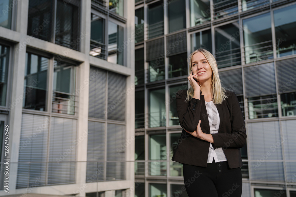 Blond businesswoman using smartphone in the background modern building Blond businesswoman using smartphone in the background modern building