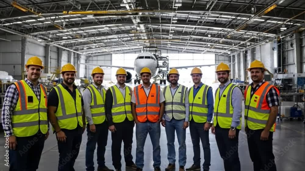 Diverse coworkers standing in a hangar at the airport. Wearing reflective vests Diverse coworkers standing in a hangar at the airport. Wearing reflective vests