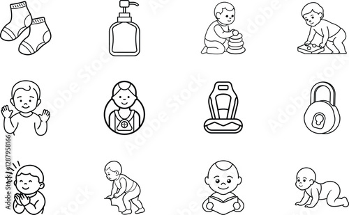 Baby Care Icons Clothing, Toys, Hygiene, Safety, Development