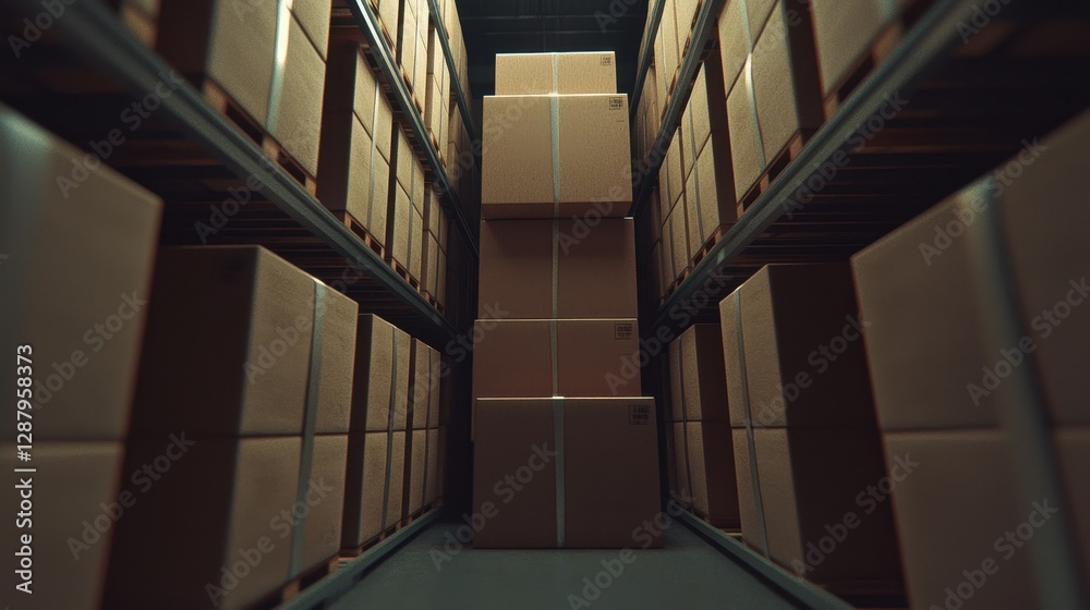 Stacked Cardboard Boxes in a Warehouse Aisle Perspective View Stacked Cardboard Boxes in a Warehouse Aisle Perspective View