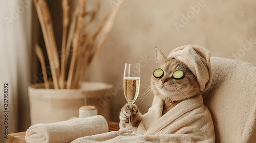 Pampered tabby cat in robe cucumber eyes and towel turban joyfully holding a champagne flute. photo