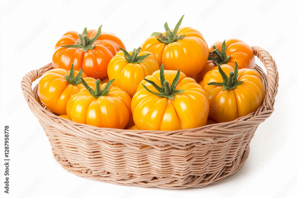 Obraz premium Fresh yellow tomatoes stacked in a basket for display. Generative AI