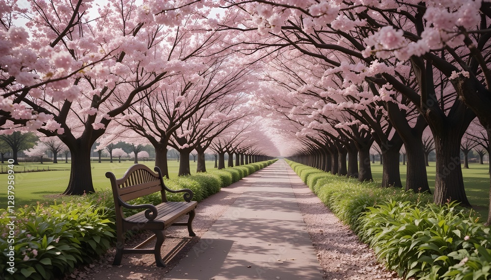 Park Pathway Lined With Blossoming Cherry Trees in a Beautiful Spring Setting Park Pathway Lined With Blossoming Cherry Trees in a Beautiful Spring Setting