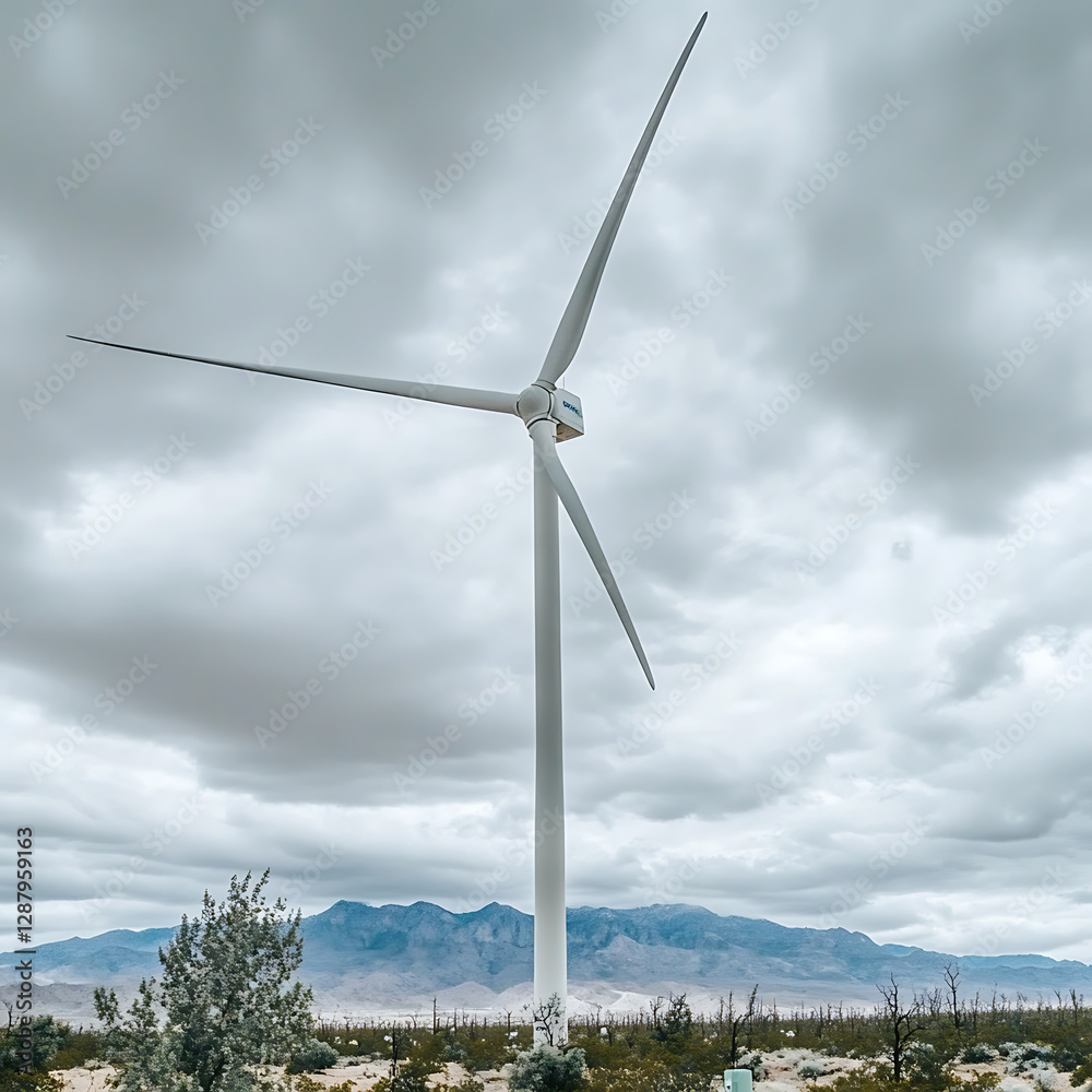 Wind turbine stands tall against a cloudy sky with desert vegetation and distant mountains in the background. Wind turbine stands tall against a cloudy sky with desert vegetation and distant mountains in the background.