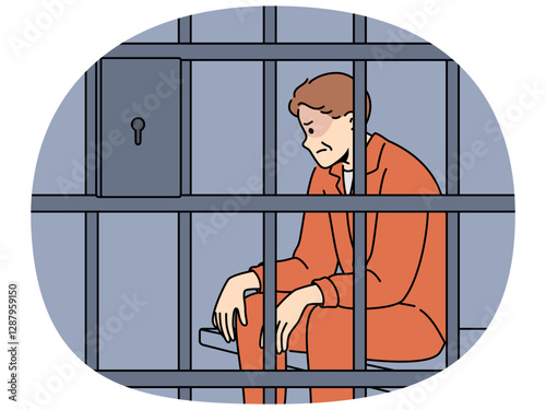 Man criminal sits in prison cell and is sad because of unfair court decision or lack of right to amnesty. Prisoner is serving prison sentence in correctional facility after committing illegal acts.