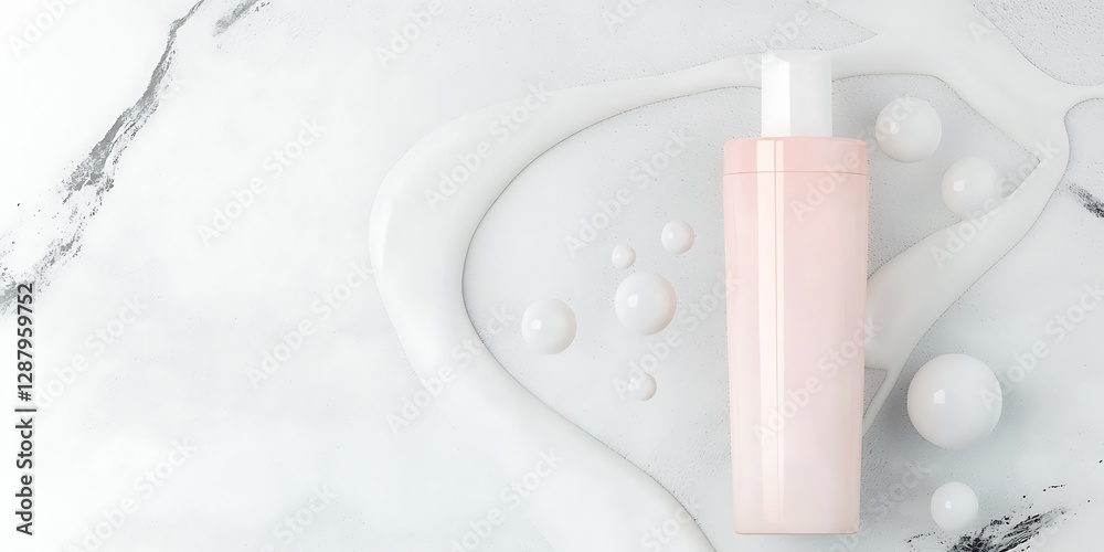 Pink bottle on marble surrounded by swirls and spheres. Pink bottle on marble surrounded by swirls and spheres.