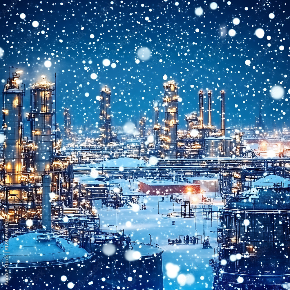Fototapeta premium Illuminated industrial complex amidst a heavy snowfall creating a contrasting scene of warmth and cold.
