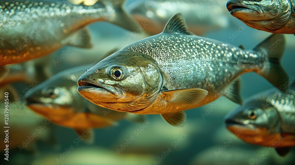 Ocean acidification concept. A close-up view of a school of fish swimming gracefully underwater. Ocean acidification concept. A close-up view of a school of fish swimming gracefully underwater.
