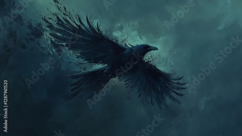 A black bird with its wings spread out flying in the sky
