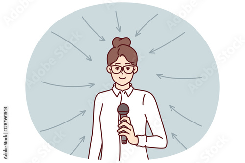 Business woman with microphone stands among arrows for concept of participation in professional seminar or conference. Girl business coach holds mic motivating company team for productive work