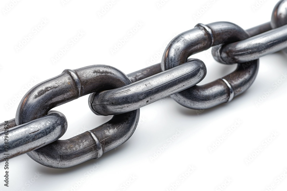 Fototapeta premium A close-up of a heavy metal chain link, showcasing its robust structure and glossy finish against a white background.