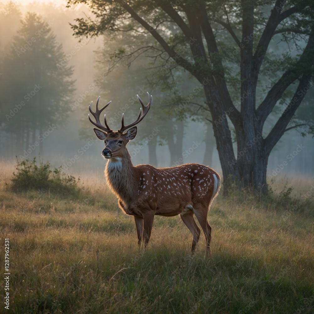 Fototapeta premium Chital also known as spotted deer in Ranthambore tiger reserve A majestic elk standing in the misty morning light of a serene mountain meadow.a deer standing in the woods with its antlers on.