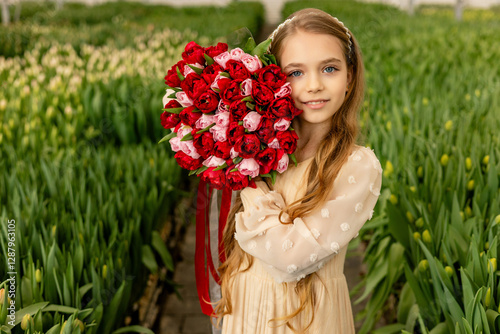 A cute charming girl in a light dress holds a bouquet of red tulips in a greenhouse. Women's day photo