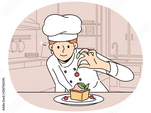 Woman pastry chef prepares dessert cake with fresh berries standing in kitchen of restaurant or bakery. Girl decorates cheesecake with cherry before serving dessert to cafeteria customer.