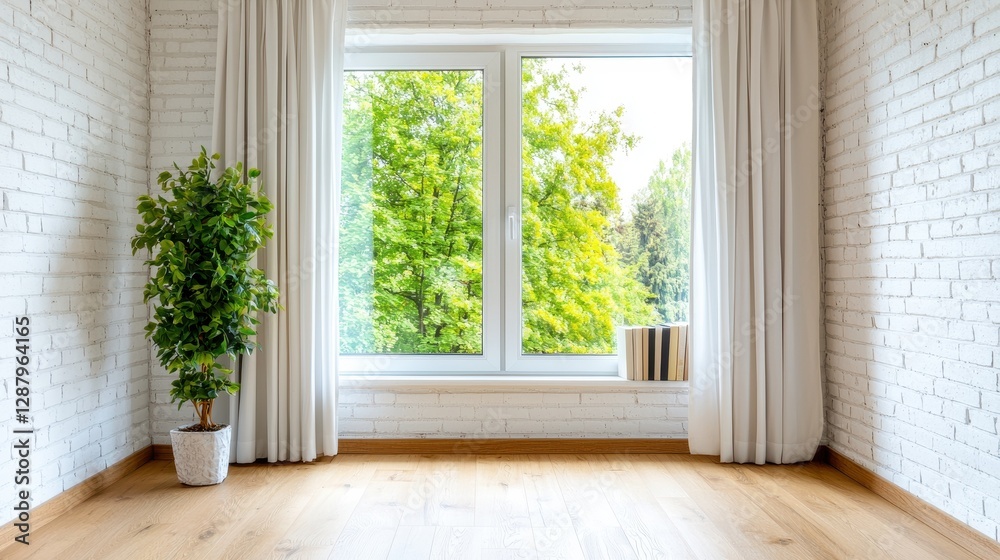Bright and Airy Minimalist Room with Large Window and Greenery Bright and Airy Minimalist Room with Large Window and Greenery