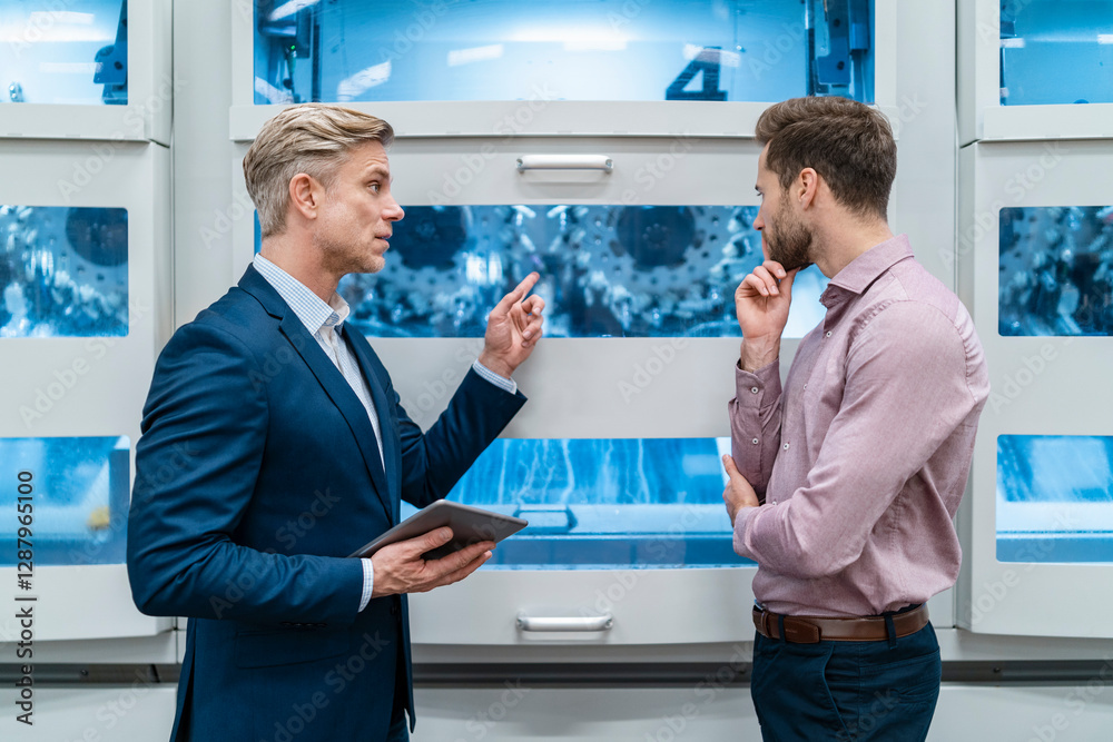 Two businessmen with tablet talking at machine in a modern factory Two businessmen with tablet talking at machine in a modern factory