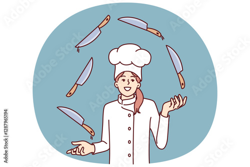 Woman chef juggles knives demonstrating professional skill and promising cooking delicious dinner. Girl in white uniform and chef hat from restaurant invites you to visit cooking show