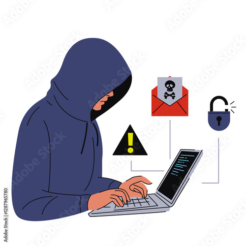 Hacker stealing personal data from laptop vector isolated. Concept of cyber security, fraud and malware. Cybercriminal with laptop computer, personal information in danger.
