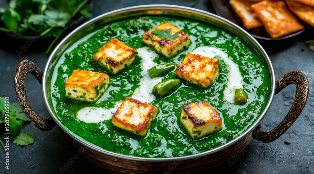 Palak Paneer, a classic Indian curry made with spinach (palak) and paneer (Indian curd). The rich and vibrant green curry is creamy, smooth and garnished with crispy golden brown paneer cubes. Palak Paneer, a classic Indian curry made with spinach (palak) and paneer (Indian curd). The rich and vibrant green curry is creamy, smooth and garnished with crispy golden brown paneer cubes.