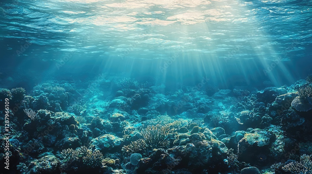 Fototapeta premium Ocean acidification idea. Breathtaking underwater scene showcasing vibrant coral reefs and sunlit waters.