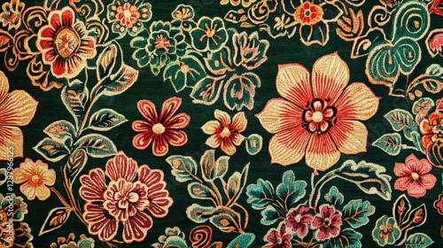 Dark Green Floral Textile Pattern  Vintage Flower Fabric Texture