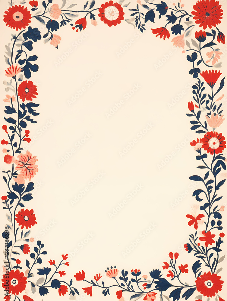 Floral border design with red, pink, and navy blue flowers on a cream background. Perfect for invitations, cards, or scrapbooking. Floral border design with red, pink, and navy blue flowers on a cream background. Perfect for invitations, cards, or scrapbooking.
