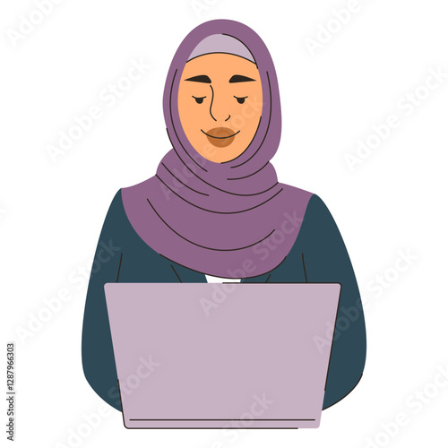 Muslim businesswoman working on laptop computer vector isolated. Beautiful female character in hijab, Office worker, young professional in arabic clothing.