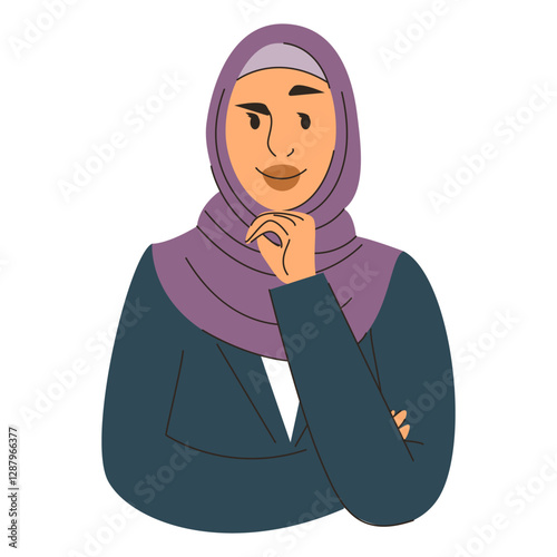 Muslim woman contemplating vector isolated. Beautiful female character in hijab smiling. Young woman thinking.