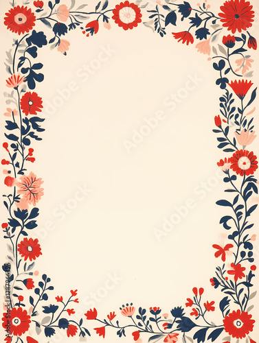 Wallpaper Mural Floral border design with red, pink, and navy blue flowers on a cream background. Perfect for invitations, cards, or scrapbooking. Torontodigital.ca