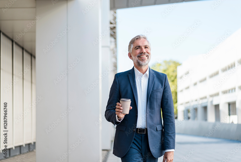 Smiling mature businessman with takeaway coffee on the go Smiling mature businessman with takeaway coffee on the go