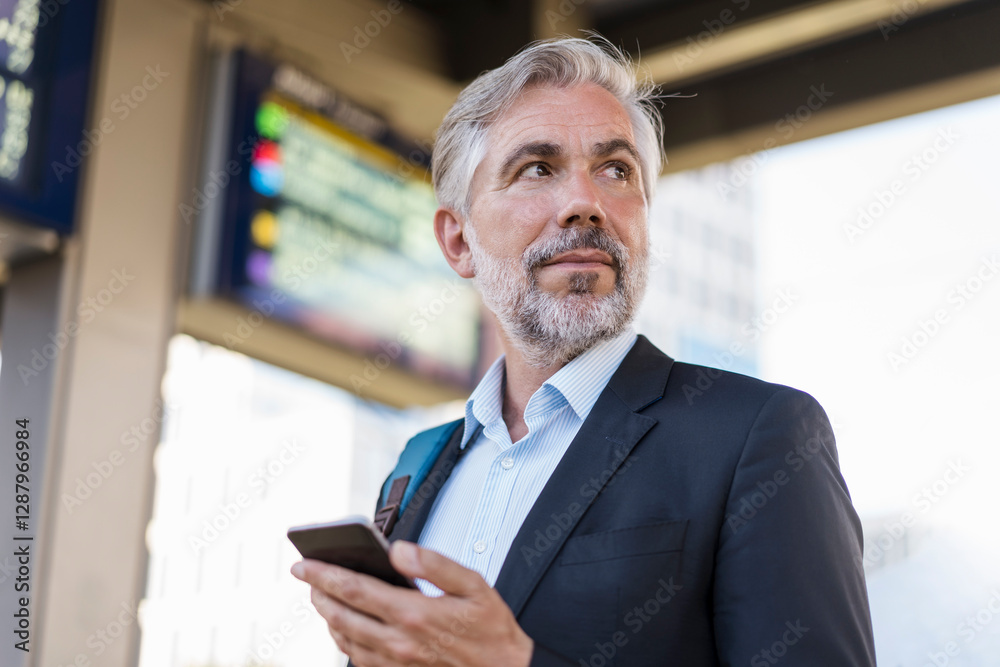 Portrait of mature businessman with cell phone at the station Portrait of mature businessman with cell phone at the station