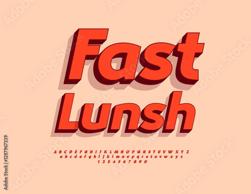 Vector Bright flyer Fast Lunch. Classic Italic Font. Red Isometric Alphabet Letters and Numbers.
