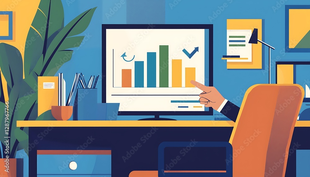 A modern office scene with a hand indicating a financial success arrow on a graph. A modern office scene with a hand indicating a financial success arrow on a graph.