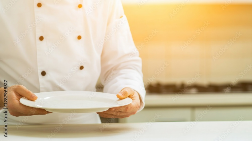 Fototapeta premium Chef presenting empty plate in bright kitchen, symbolizing culin