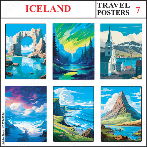 Iceland Gatklettur Aurora Borealis Husavik Travel Poster Wall Art Print Collection Set Part 7