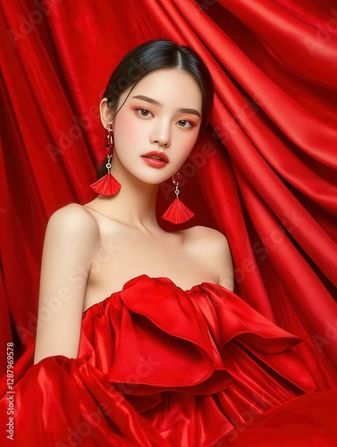 Elegant young woman in red dress posing against luxurious red drapery, highlighting fashion and beauty aesthetics in portrait photography