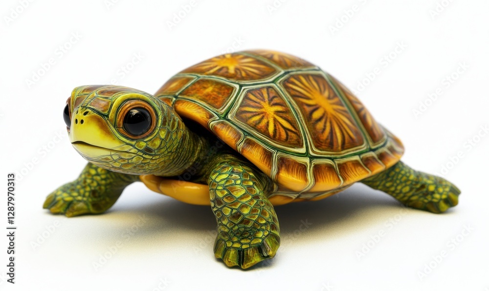 Obraz premium Cute baby turtle crawling on white, ideal for kids' projects