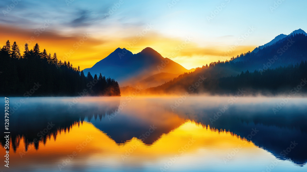Fototapeta premium calm sunrise over peaceful lake, glowing mist, and majestic mountains create serene atmosphere