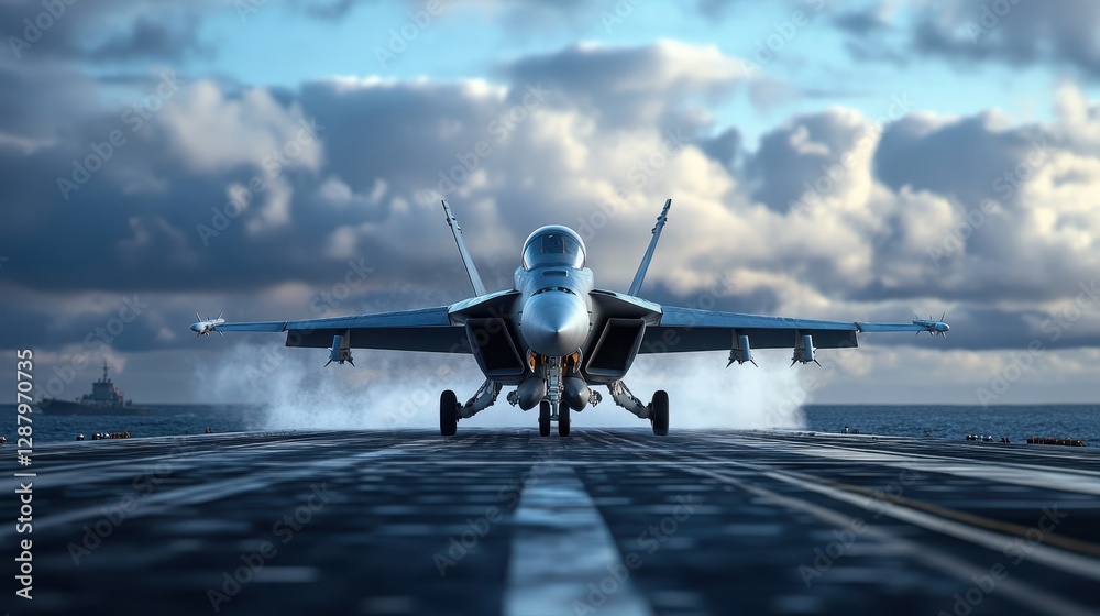 Fototapeta premium Fighter jet taking off from a carrier at sea.