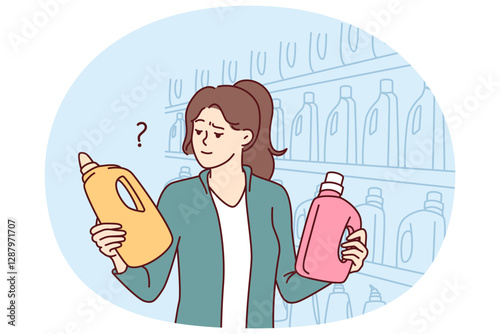 Woman holds bottles of laundry detergent or cleaning product standing near shelves in grocery supermarket. Girl visitor to supermarket compares goods choosing best option for purchase