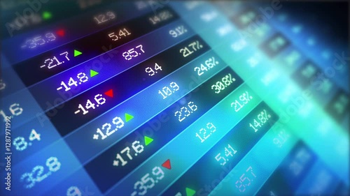 Digital animation of stock market prices passing by. 3d render abstract background stock market data on display. Financial stock market data tableau. Stock market indicators with floating data points.