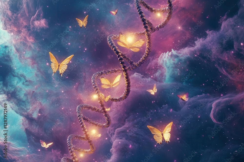 ethereal dna helix transforming into golden butterflies against deep space backdrop, cosmic dust and nebula clouds in rich purples and teals ethereal dna helix transforming into golden butterflies against deep space backdrop, cosmic dust and nebula clouds in rich purples and teals