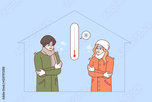 Cold temperature in residential building with shivering man and woman, freezing due to lack of central heating. People suffer because of cold temperatures in apartments and lack of money to heat